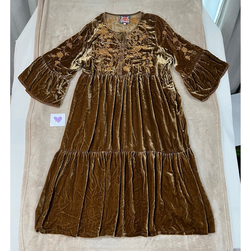 Johnny Was  Millie Embroidered Velvet Silk Blend Midi Dress Women's XL Brown EUC